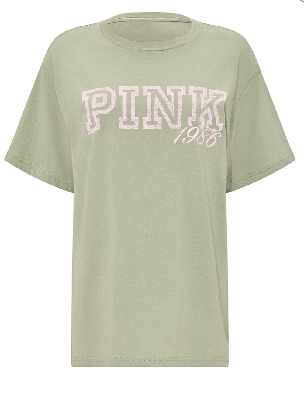 PINK Victoria's Secret Sage Green Logo Tee with Pink Lettering